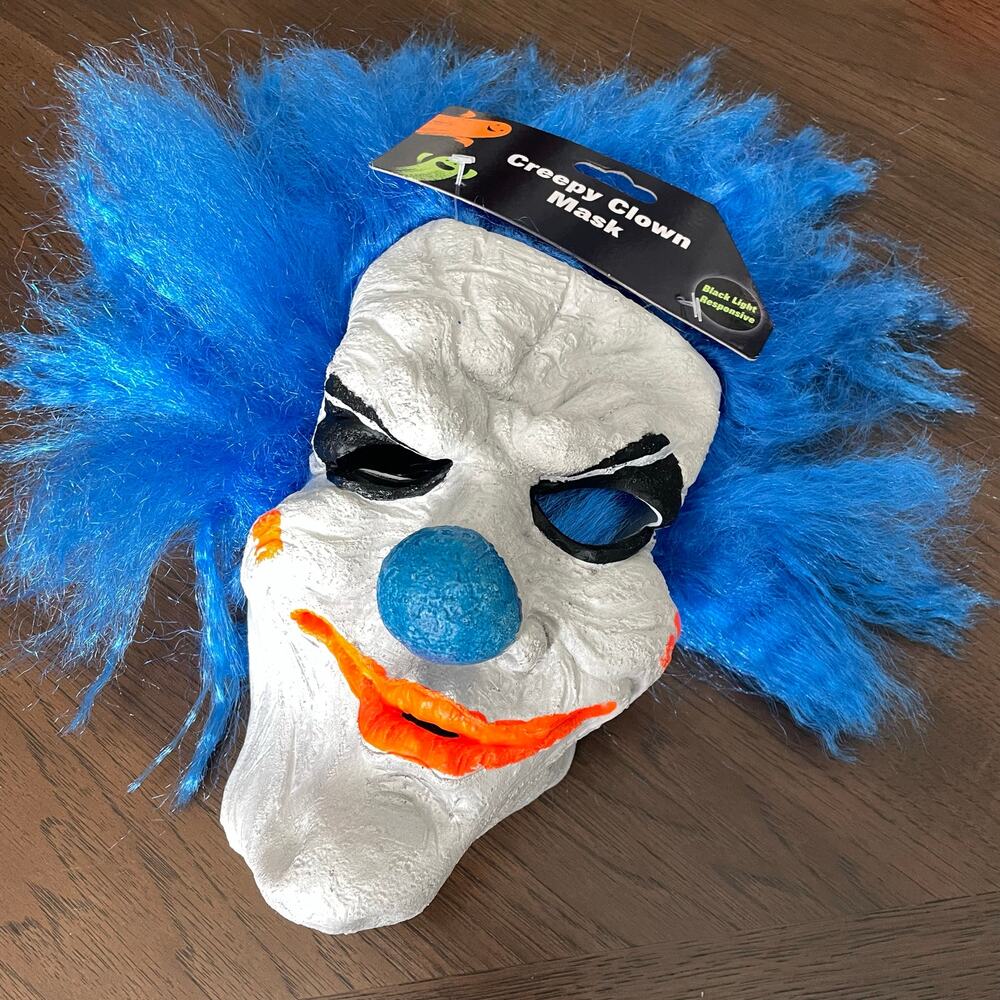 Creepy Clown Mask Halloween Costume Black Light Glows Pennywise Blue Hair NWT